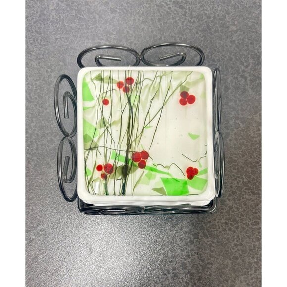 Fused Glass Coasters Red Green Black White Handmade Set of 4 & Holder Art Deco - Picture 3 of 9